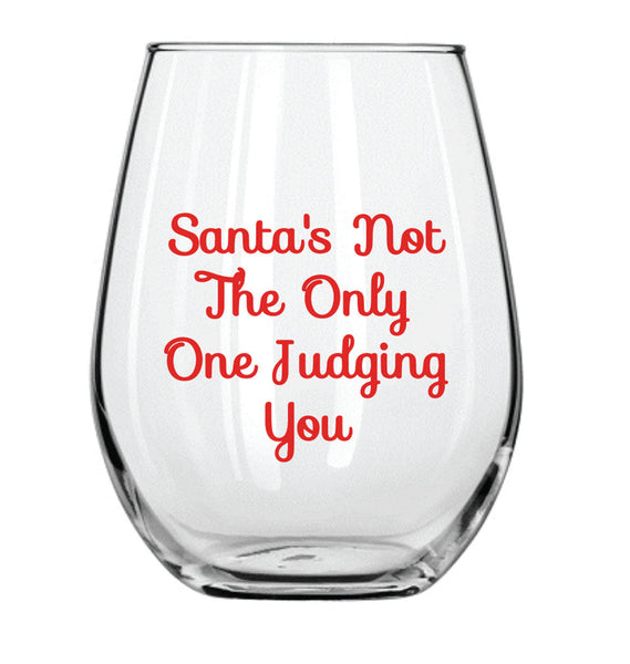 Santa's Not the Only One Judging You Wine Glass, Koozie, Nail File and Tissue Gift Basket