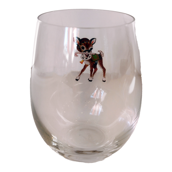 Vintage Reindeer Stemless Wine Glass