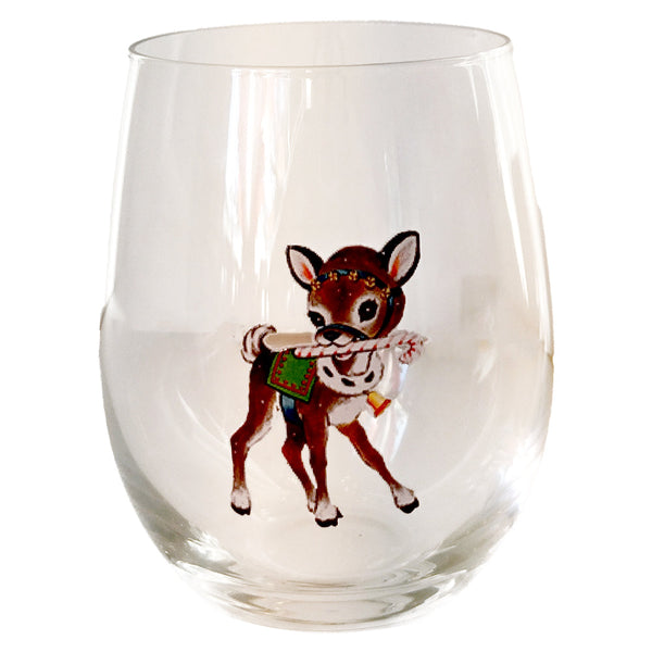 Vintage Reindeer Stemless Wine Glass