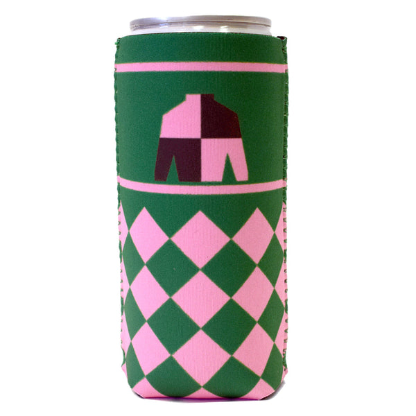 Derby Silk in Green and Pink Slim Koozie