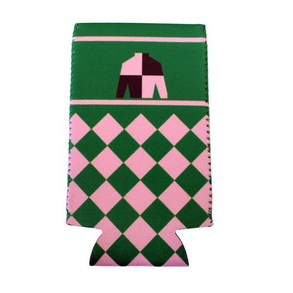 Derby Silk in Green and Pink Slim Koozie