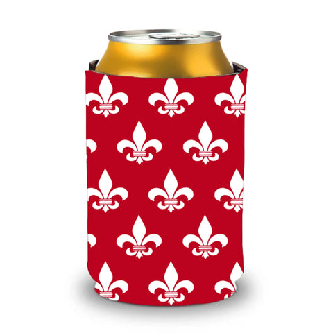 Red and White Fleur de Lis Shapes Koozie