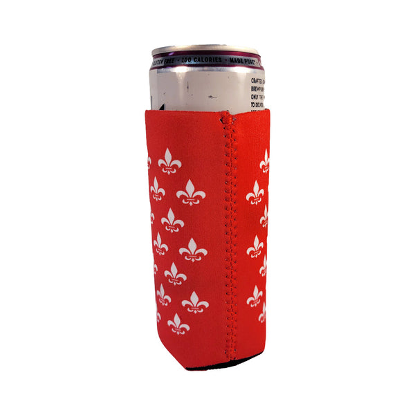 Red and White Fleur de Lis Shapes Slim Koozie