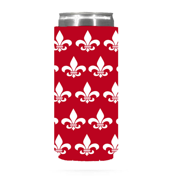 Red and White Fleur de Lis Shapes Slim Koozie