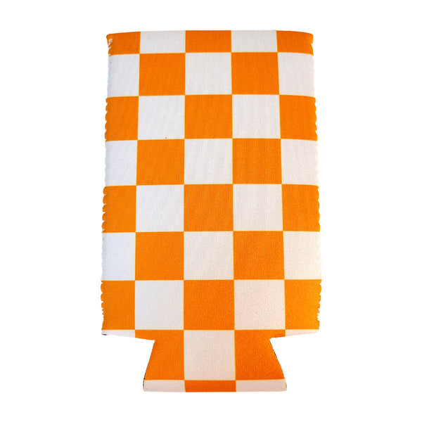 Orange and White Checkerboard Shapes Slim Koozie