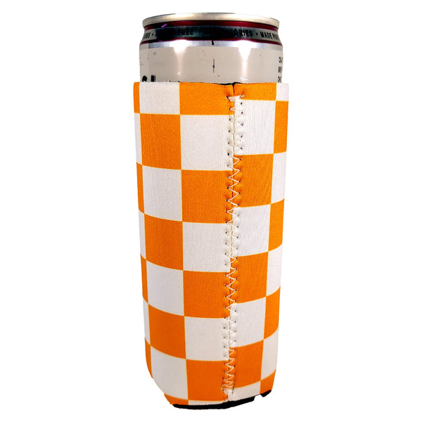 Orange and White Checkerboard Shapes Slim Koozie