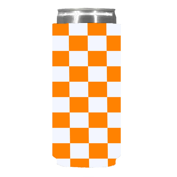 Orange and White Checkerboard Shapes Slim Koozie