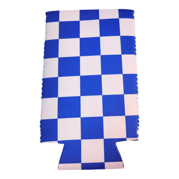 Blue and White Checkerboard Shapes Slim Koozie