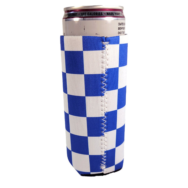 Blue and White Checkerboard Shapes Slim Koozie