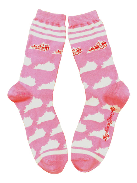 Women's Pink Kentucky Shape Socks with Too Pretty to Work Wine Glass Gift Basket
