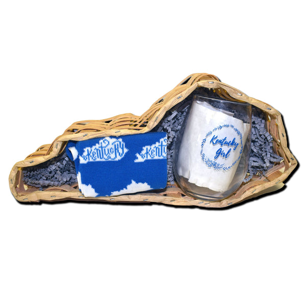 Women's Blue and White Kentucky Shape Sock with Kentucky Girl Wine Glass Gift Basket