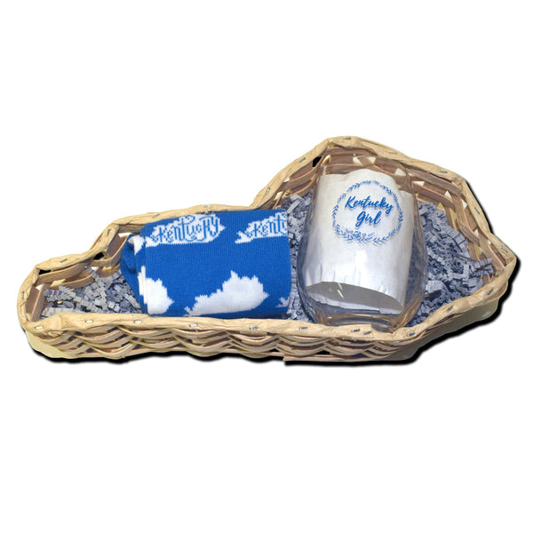 Women's Blue and White Kentucky Shape Sock with Kentucky Girl Wine Glass Gift Basket