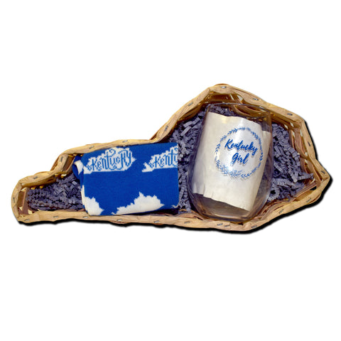 Women's Blue and White Kentucky Shape Sock with Kentucky Girl Wine Glass Gift Basket