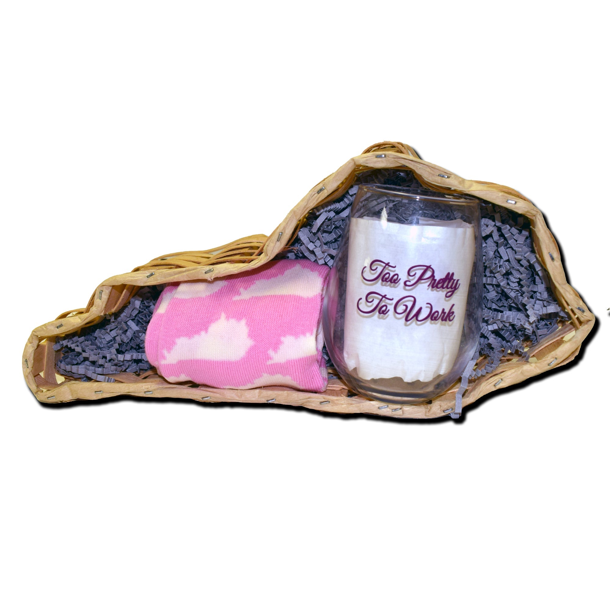 Women's Pink Kentucky Shape Socks with Too Pretty to Work Wine Glass Gift Basket