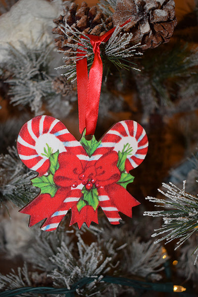 Vintage Candy Cane with Holly Ornament