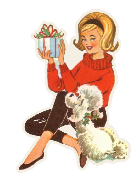 Retro Lady with Gift and Dog Wooden Ornament