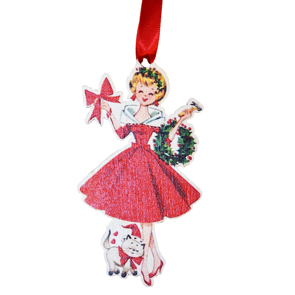 Vintage Christmas Lady with Cat Ornament