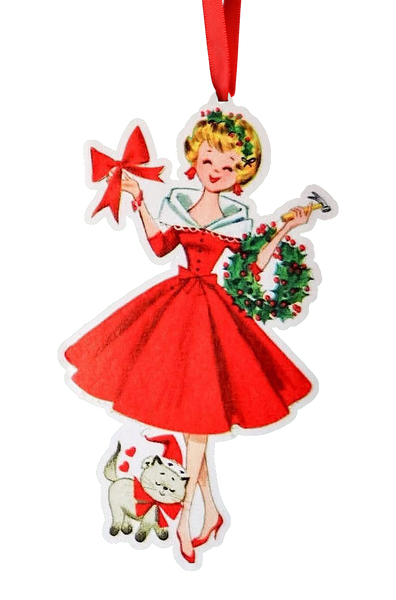 Vintage Christmas Lady with Cat Ornament