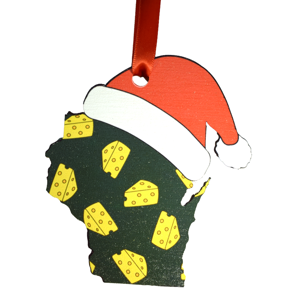 Wisconsin Cheese Pattern with Santa Hat Ornament