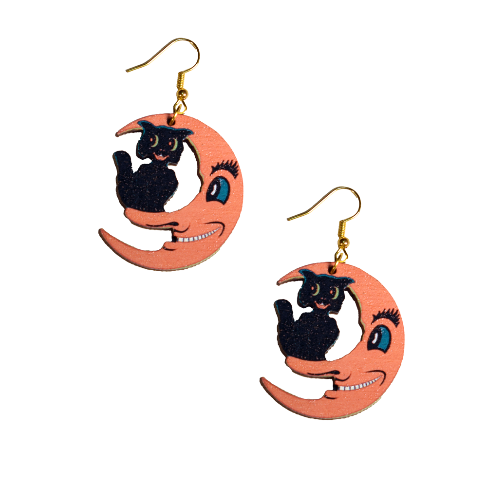 Creepy Moon and Cat Earrings