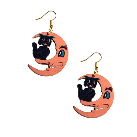 Creepy Moon and Cat Earrings