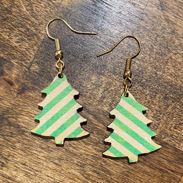 Christmas Tree Green Stripe Holiday Earrings