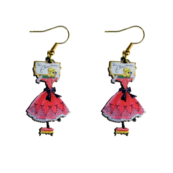 It's Christmas Vintage Lady with Sign Earrings
