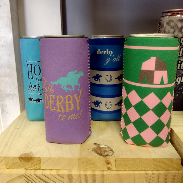 Derby Silk in Green and Pink Slim Koozie