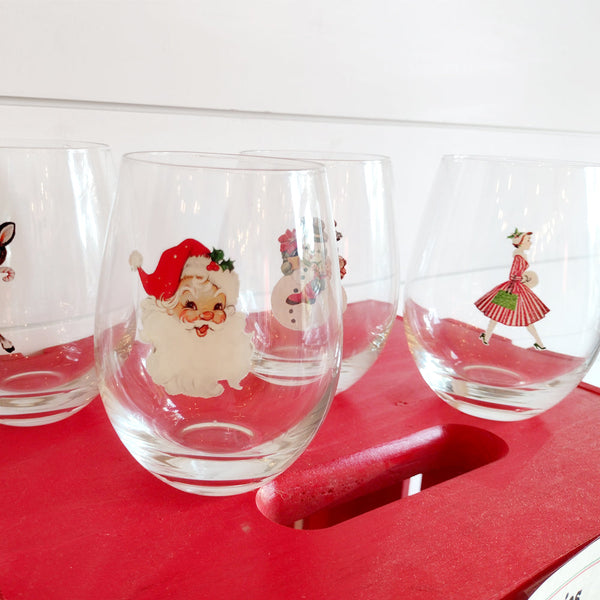 Vintage Santa Stemless Wine Glass