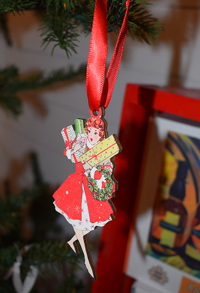 Vintage Lady with Presents Wooden Ornament