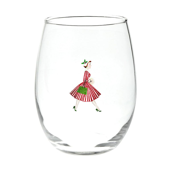 Vintage Christmas Lady Stemless Wine Glass