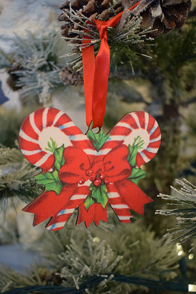 Vintage Candy Cane with Holly Ornament