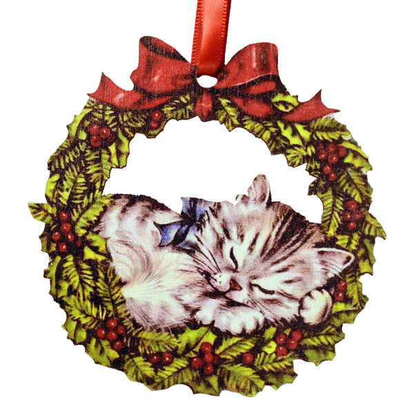 Vintage Cat in Wreath Wooden Ornament