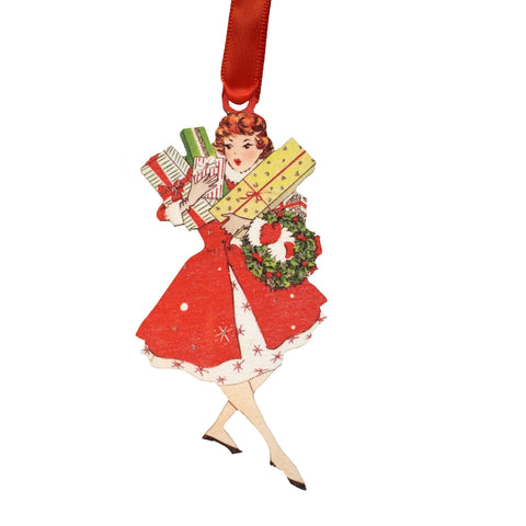 Vintage Lady with Presents Wooden Ornament