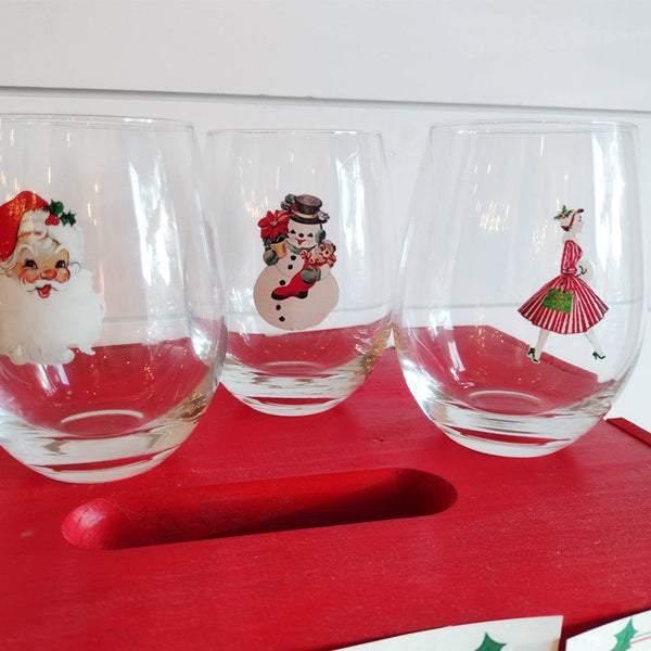Vintage Christmas Lady Stemless Wine Glass