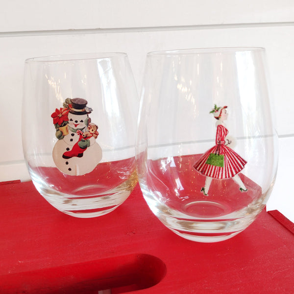 Vintage Snowman Stemless Wine Glass